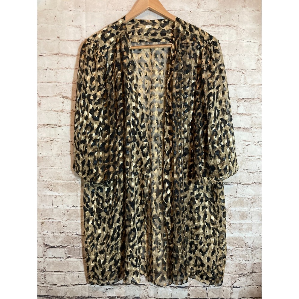 Kimono Top Womens 24W Brown‎ Cheetah Leopard Long Line Open Front Glitter Sheer